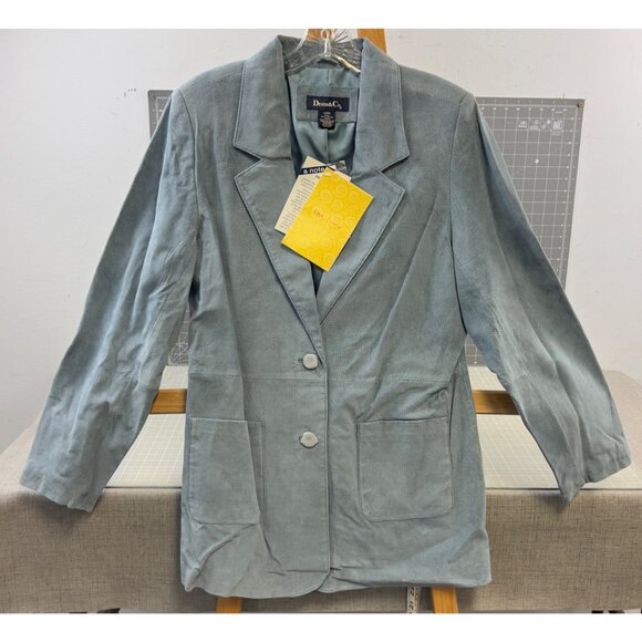 Women’s Denim & Co. Perforated Light Blue Leather Blazer Jacket Size L New W/Tag - Picture 1 of 8